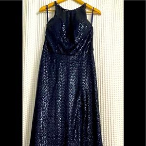 Blue Sequin Floor Length Gown With Thigh Slit